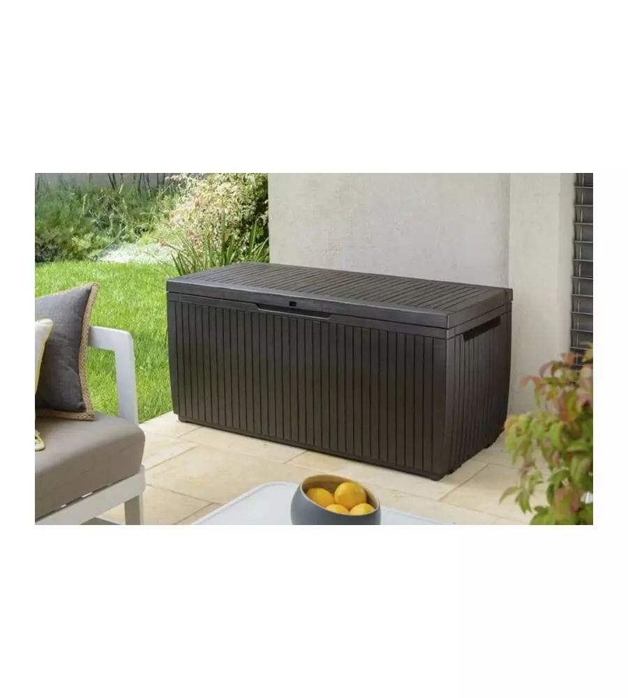 Baule da esterno keter "springwood" in resina marrone effetto legno 305 lt 123x54x57 cm